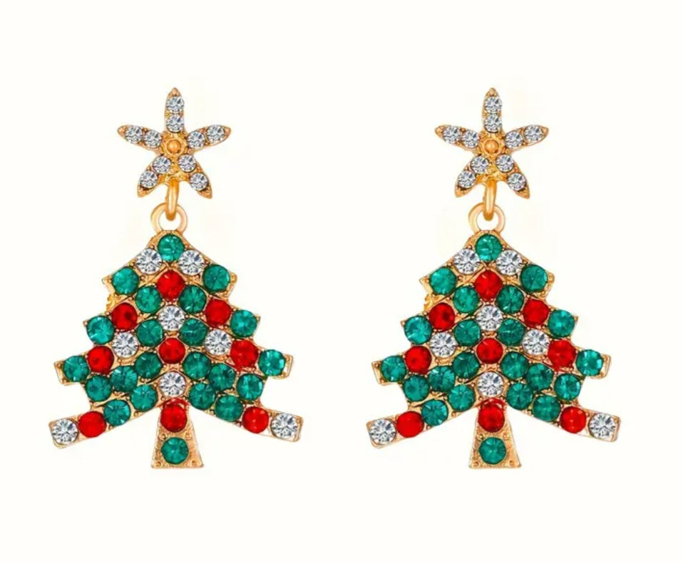 Christmas Tree Festive Gold Plated Rhinestone Star Drop Dangle Earrings