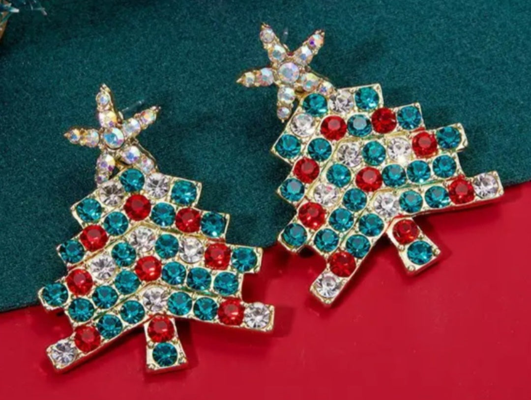 Christmas Tree Festive Gold Plated Rhinestone Star Drop Dangle Earrings