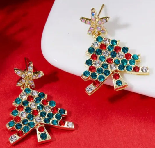 Christmas Tree Festive Gold Plated Rhinestone Star Drop Dangle Earrings