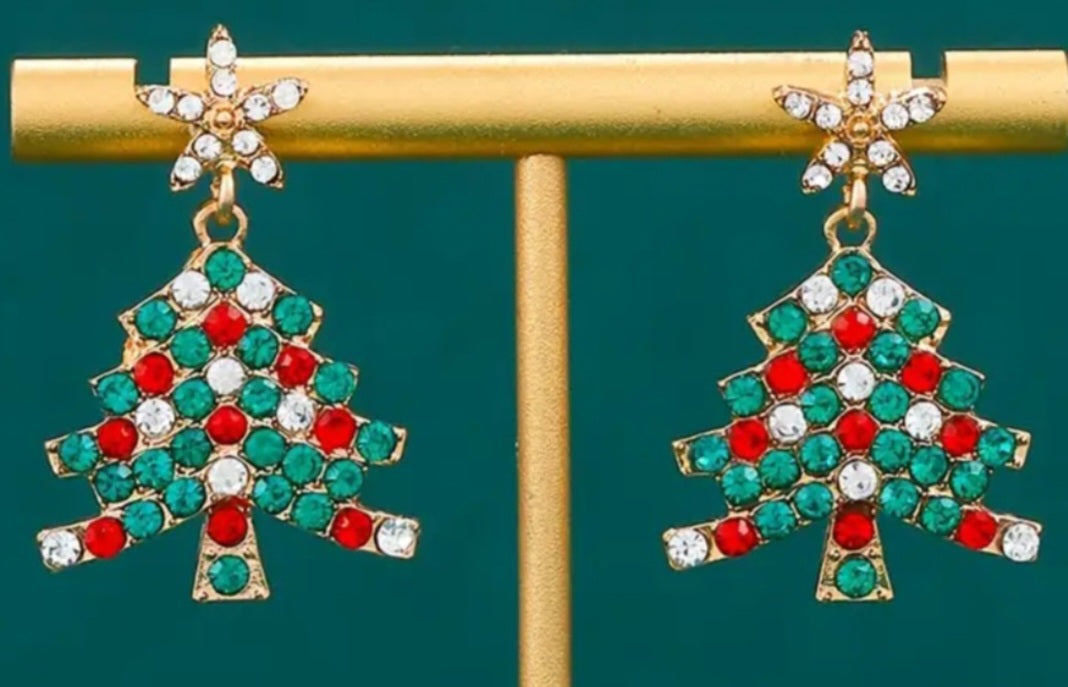 Christmas Tree Festive Gold Plated Rhinestone Star Drop Dangle Earrings