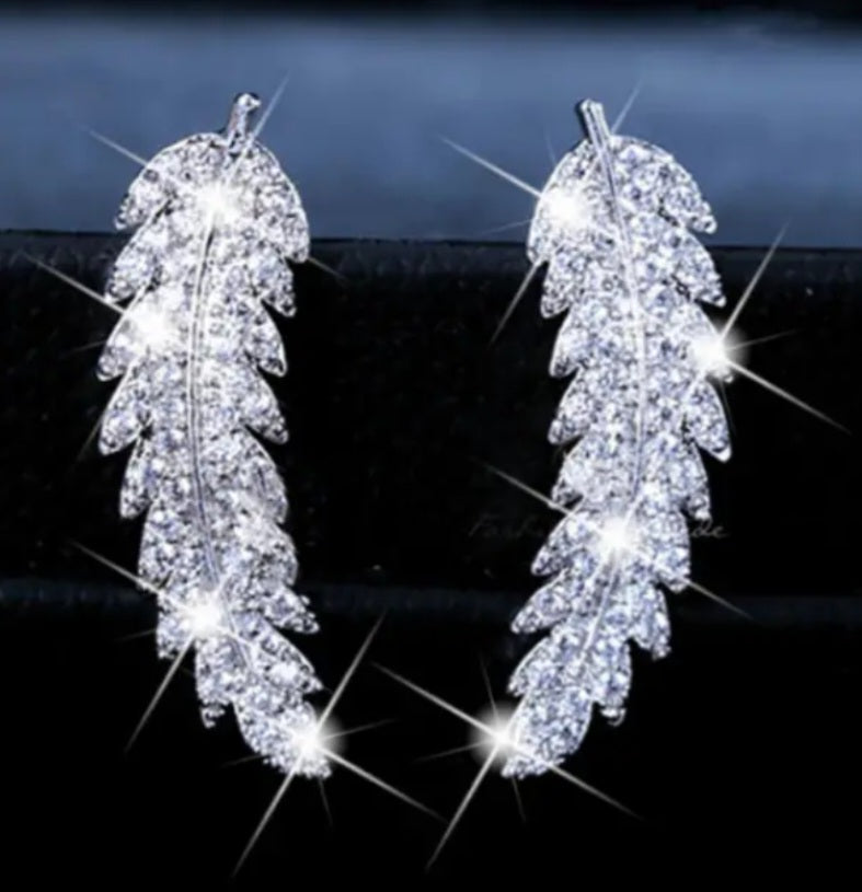 Bling Silver Plated Cubic Zircon Leaf Feather Design Lightweight Ear Climber/Long Drop Stud Earrings Can Be Worn Both Ways