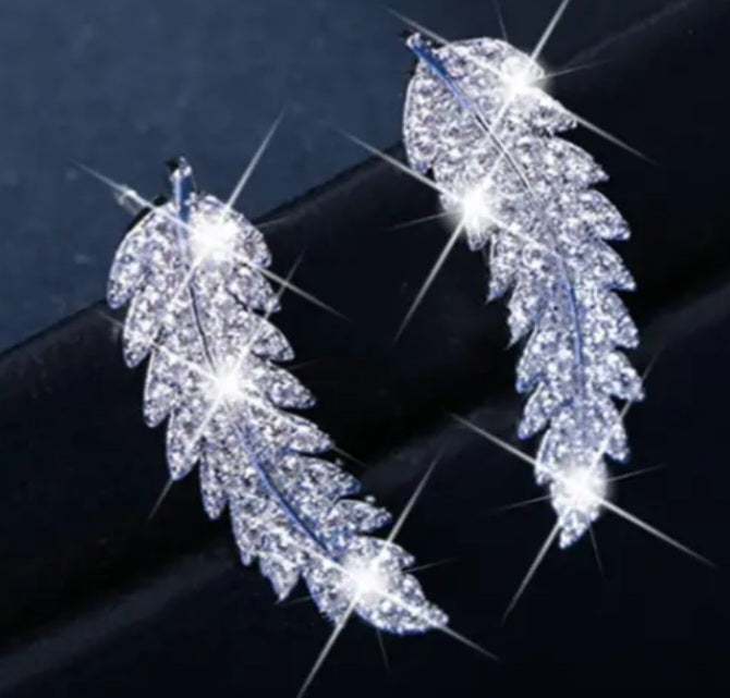 Bling Silver Plated Cubic Zircon Leaf Feather Design Lightweight Ear Climber/Long Drop Stud Earrings Can Be Worn Both Ways