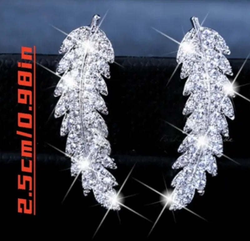 Bling Silver Plated Cubic Zircon Leaf Feather Design Lightweight Ear Climber/Long Drop Stud Earrings Can Be Worn Both Ways