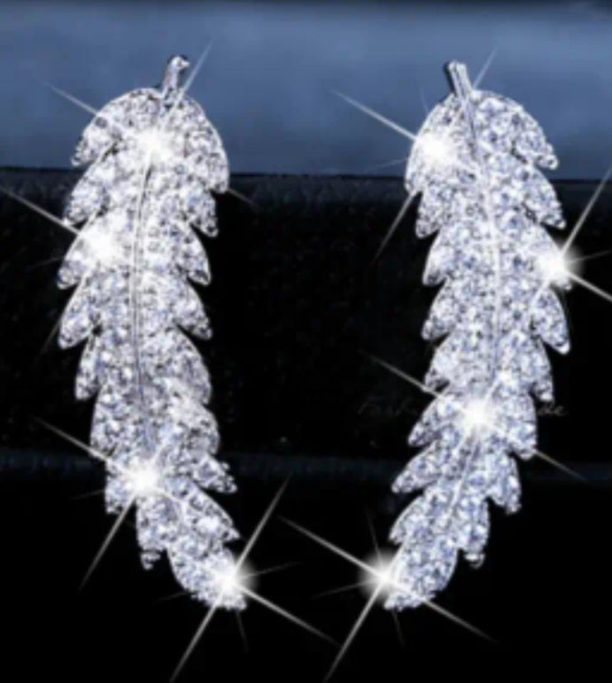 Bling Silver Plated Cubic Zircon Leaf Feather Design Lightweight Ear Climber/Long Drop Stud Earrings Can Be Worn Both Ways