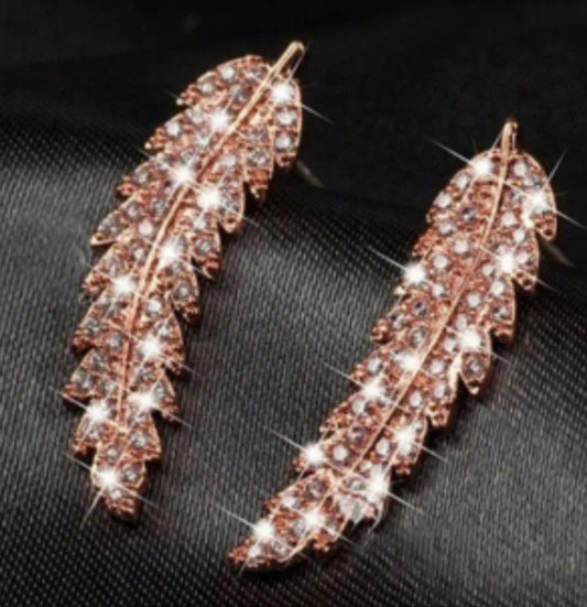 Bling Rose Gold Plated Cubic Zircon Leaf Feather Design Lightweight Ear Climber/Long Drop Stud Earrings Can Be Worn Both Ways