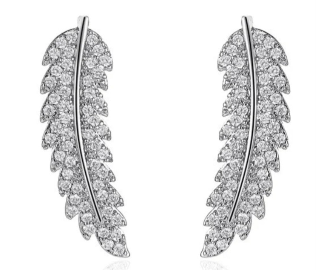 Bling Silver Plated Cubic Zircon Leaf Feather Design Lightweight Ear Climber/Long Drop Stud Earrings Can Be Worn Both Ways