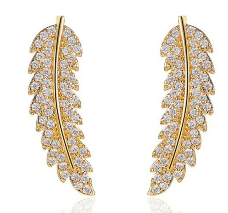 Bling Gold Plated Cubic Zircon Leaf Feather Design Lightweight Ear Climber/Long Drop Stud Earrings Can Be Worn Both Ways