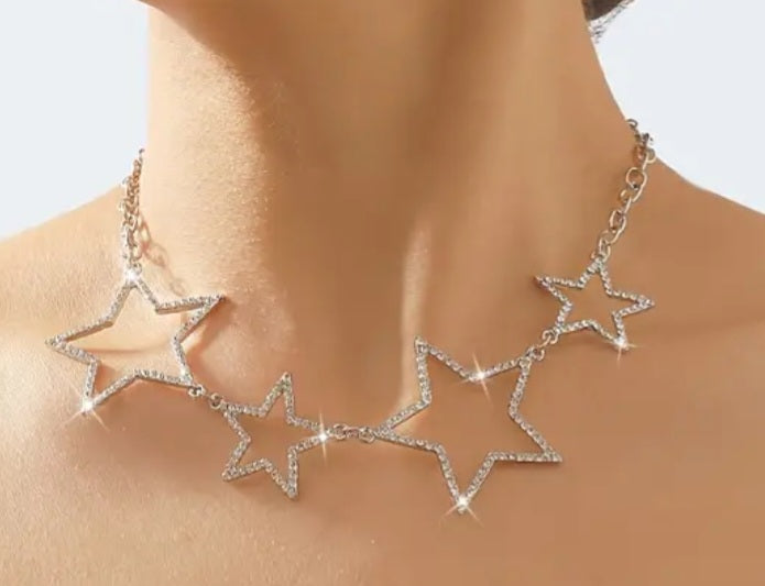 Bling Collarbone Chain Hollow Star Design Silver Plated Rhinestone Inlay Necklace