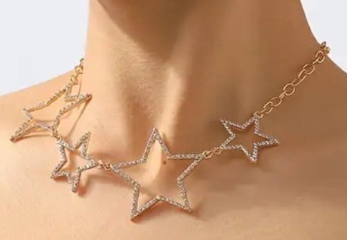 Bling Collarbone Chain Hollow Star Design Gold Plated Rhinestone Inlay Necklace