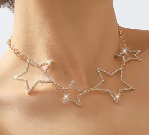 Bling Collarbone Chain Hollow Star Design Gold Plated Rhinestone Inlay Necklace