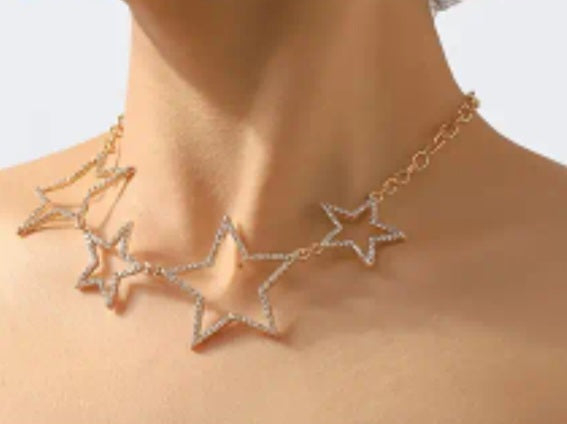 Bling Collarbone Chain Hollow Star Design Gold Plated Rhinestone Inlay Necklace