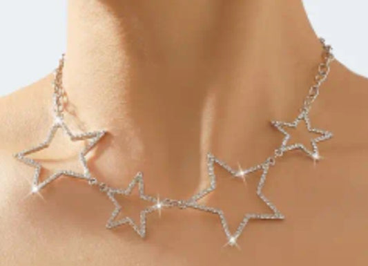 Bling Collarbone Chain Hollow Star Design Silver Plated Rhinestone Inlay Necklace