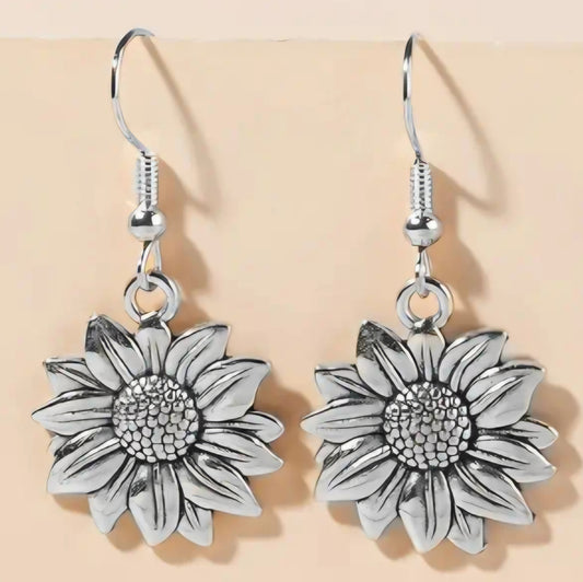 Beautiful Floral Flower Sunflower Design Silver Plated Drop Dangle Earrings