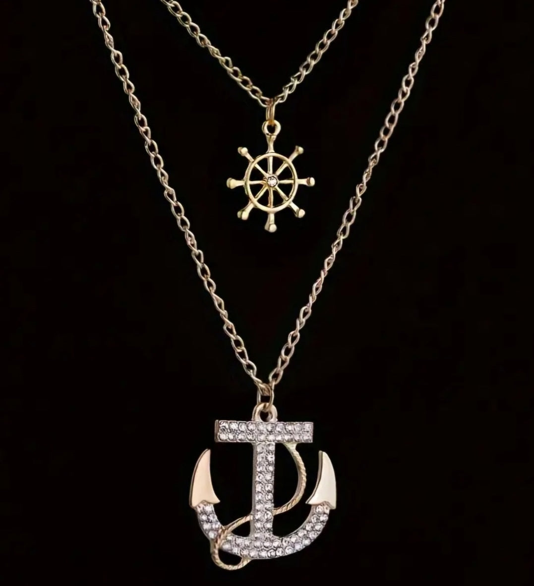 Double Chain Anchor Ship Wheel Nautical Gold Plated Rhinestone Inlay Layer Look Necklace