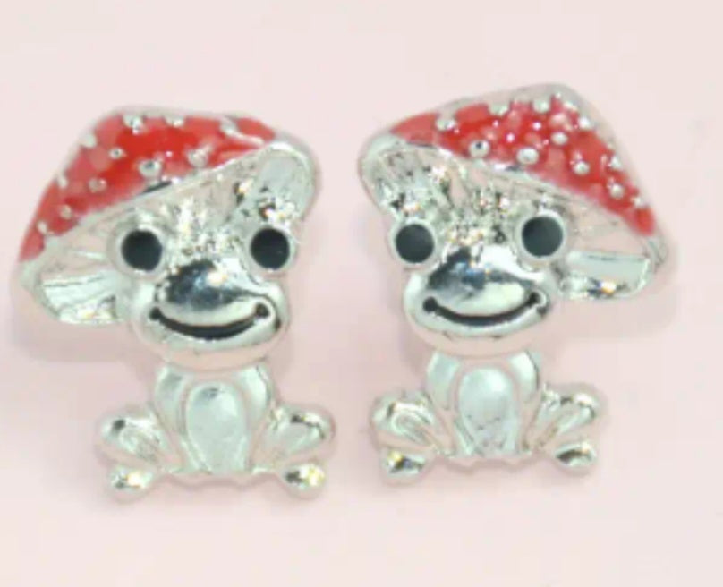 Enamel Silver Plated Frog Mushroom Hat Whimsical Design Small Stud Earrings