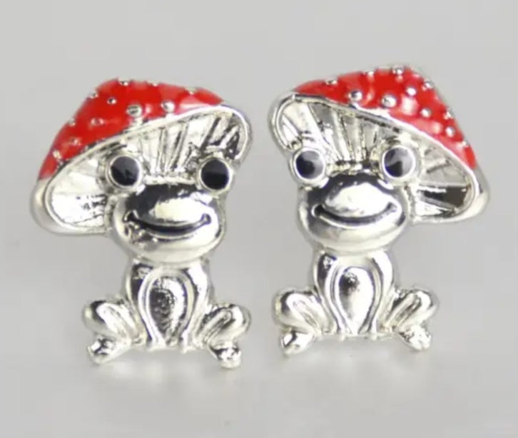 Enamel Silver Plated Frog Mushroom Hat Whimsical Design Small Stud Earrings