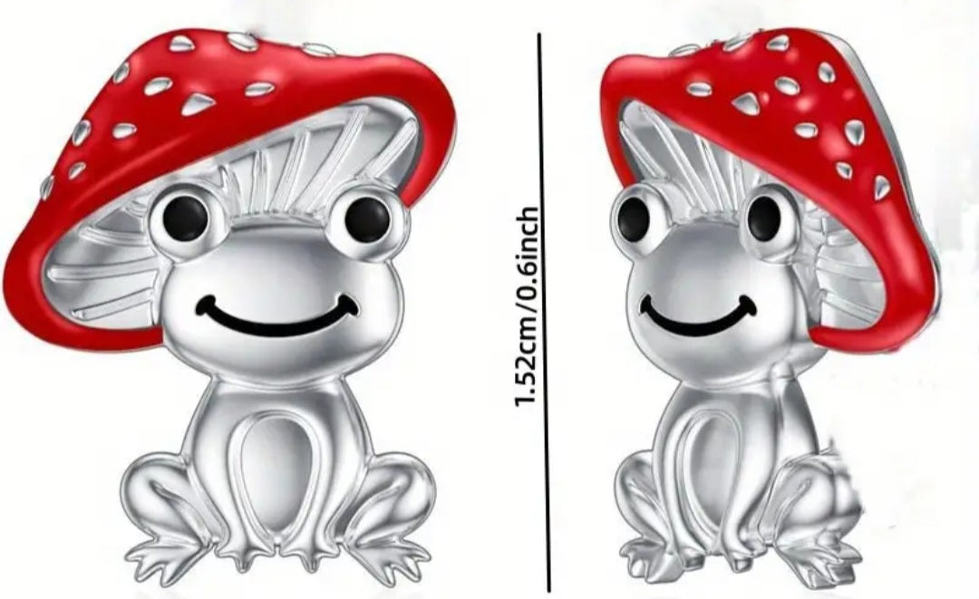 Enamel Silver Plated Frog Mushroom Hat Whimsical Design Small Stud Earrings