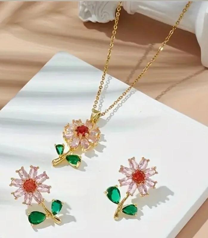 Floral Flower Daisy Rhinestone Gold Plated Stainless Steel Necklace Earrings Set