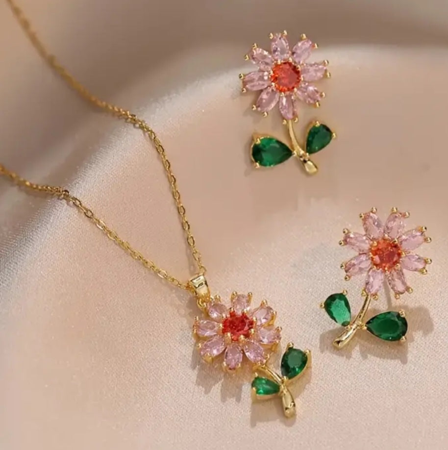 Floral Flower Daisy Rhinestone Gold Plated Stainless Steel Necklace Earrings Set