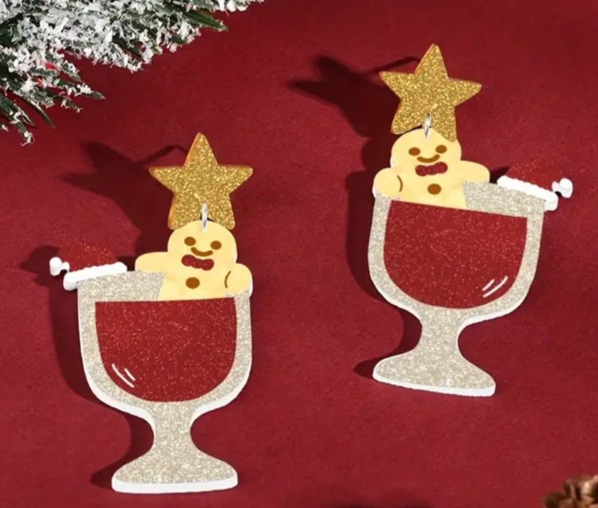 Acrylic Cartoon Christmas Festive Gingerbread Person In Wine Glass Design Glitter Sparkle Accents Drop Dangle Earrings