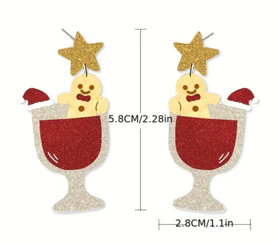 Acrylic Cartoon Christmas Festive Gingerbread Person In Wine Glass Design Glitter Sparkle Accents Drop Dangle Earrings