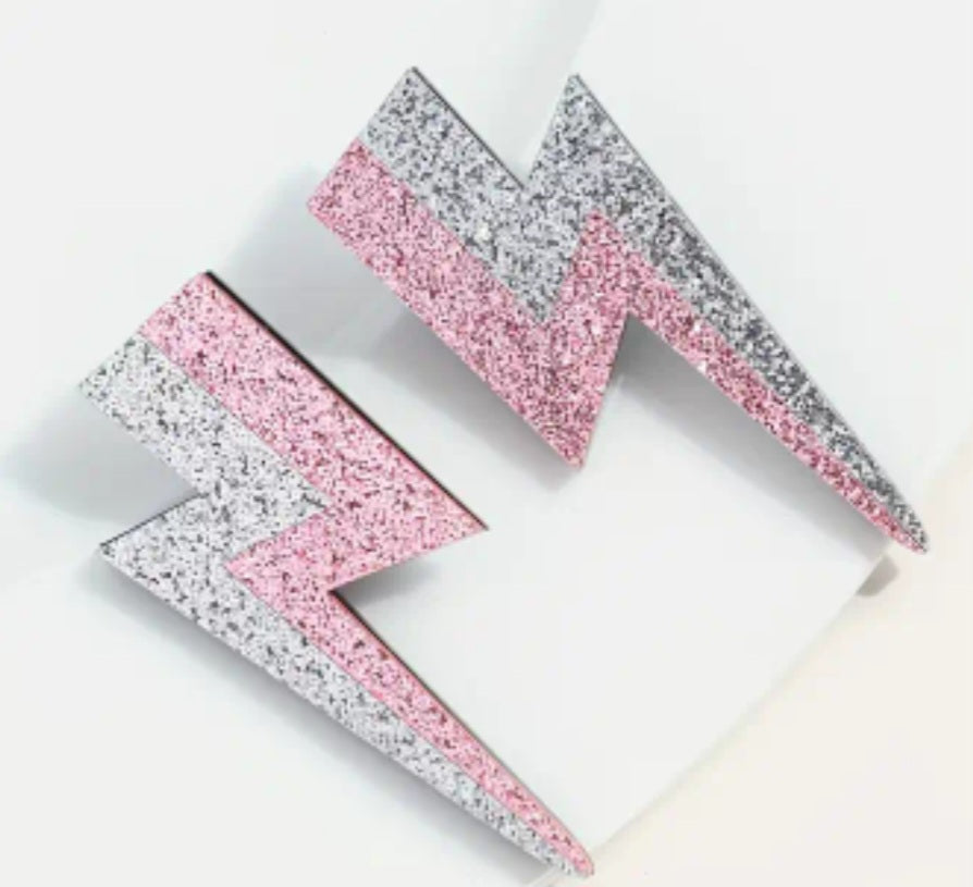 Acrylic Cartoon Large Glitter Lightning Bolt Sparkle Pink Silver Rock Star Stud Drop Earrings