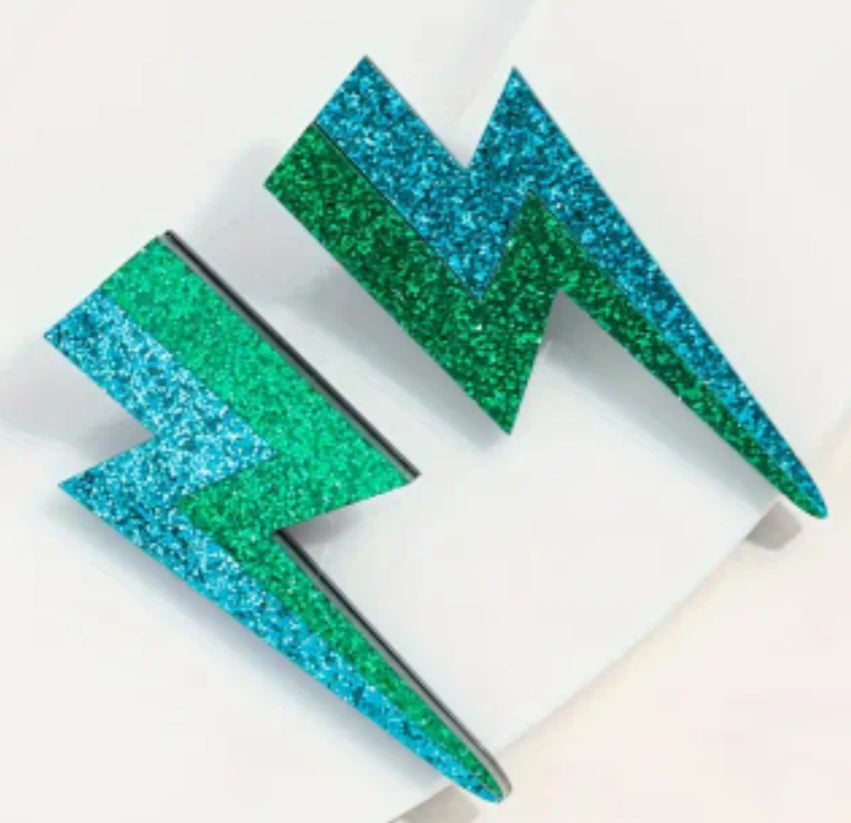 Acrylic Cartoon Large Glitter Lightning Bolt Sparkle Blue Green Rock Star Stud Drop Earrings