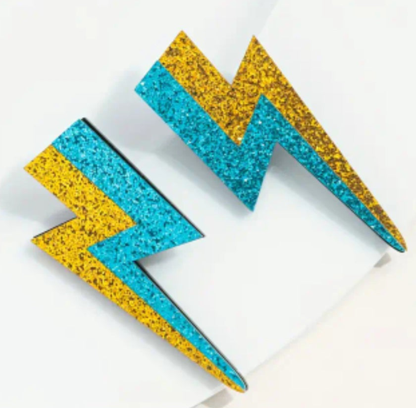 Acrylic Cartoon Large Glitter Lightning Bolt Sparkle Blue Gold Rock Star Stud Drop Earrings