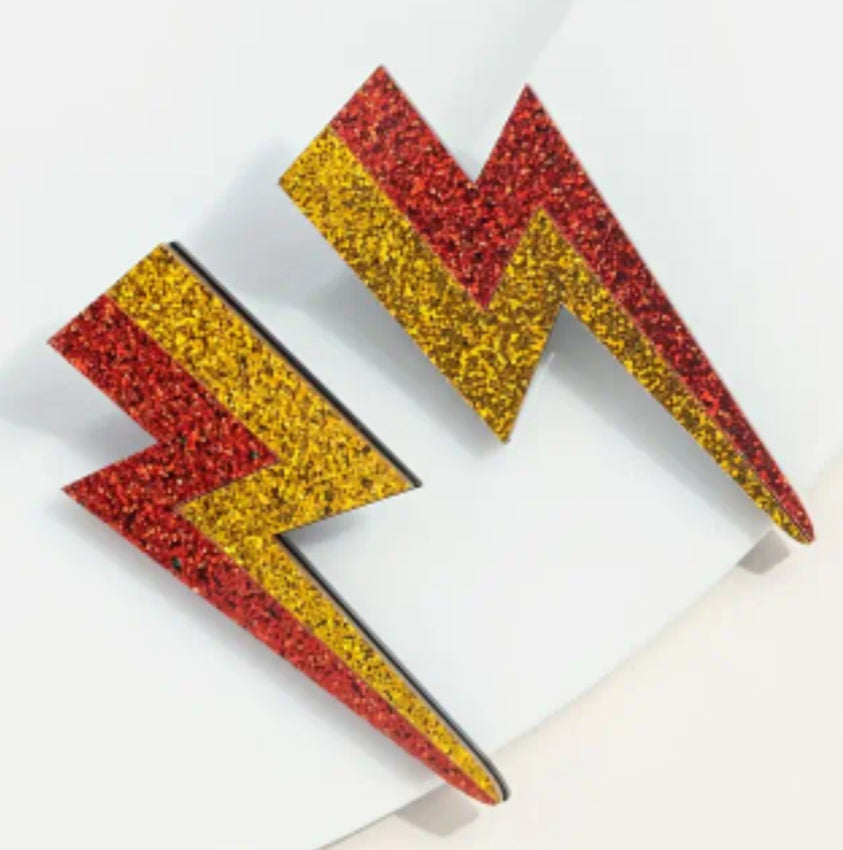 Acrylic Cartoon Large Glitter Lightning Bolt Sparkle Red Gold Rock Star Stud Drop Earrings