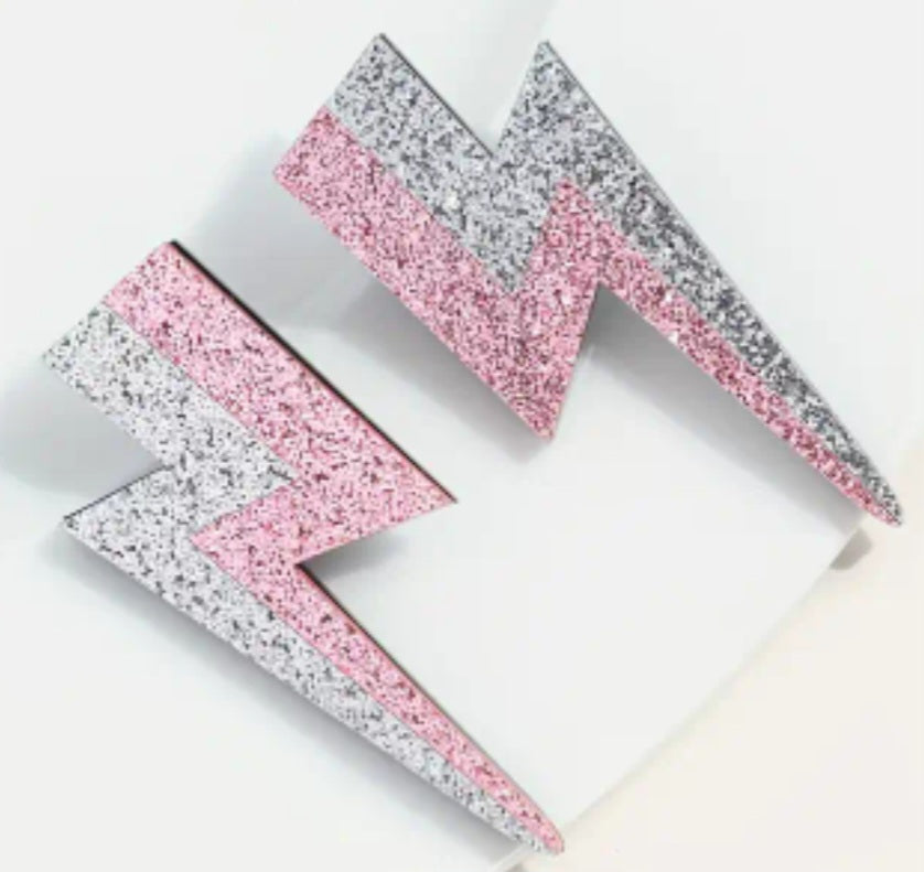 Acrylic Cartoon Large Glitter Lightning Bolt Sparkle Pink Silver Rock Star Stud Drop Earrings