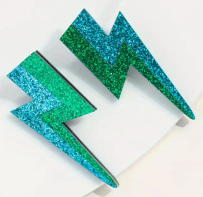 Acrylic Cartoon Large Glitter Lightning Bolt Sparkle Blue Green Rock Star Stud Drop Earrings