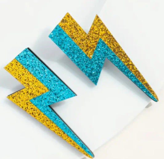 Acrylic Cartoon Large Glitter Lightning Bolt Sparkle Blue Gold Rock Star Stud Drop Earrings