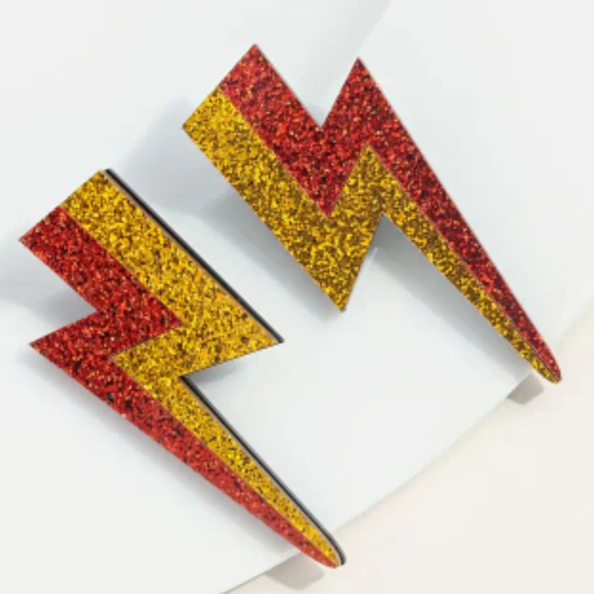 Acrylic Cartoon Large Glitter Lightning Bolt Sparkle Red Gold Rock Star Stud Drop Earrings