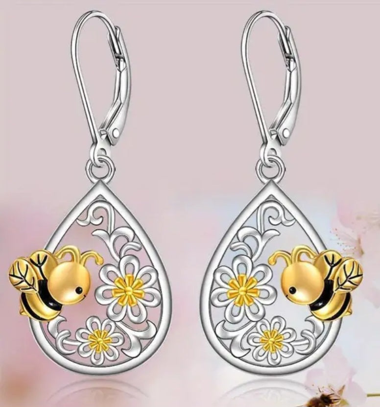 Beautiful Bumble Bee Flower Floral Tear Drop Design Silver Plated Drop Dangle Earrings