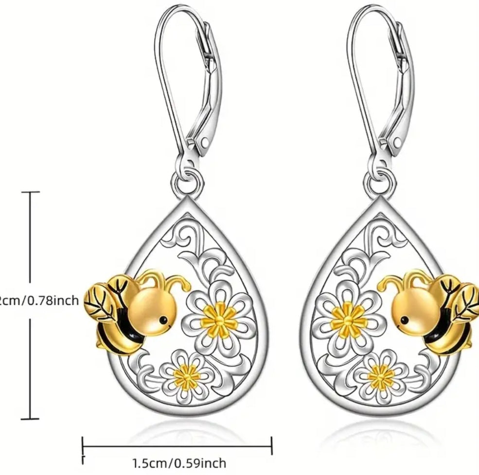 Beautiful Bumble Bee Flower Floral Tear Drop Design Silver Plated Drop Dangle Earrings