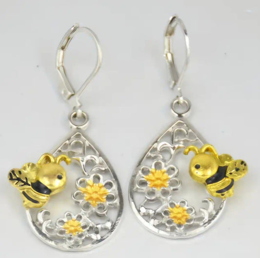 Beautiful Bumble Bee Flower Floral Tear Drop Design Silver Plated Drop Dangle Earrings