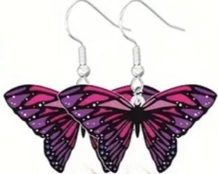 Acrylic Colourful Butterfly Pink Purple Design Drop Dangle Earrings