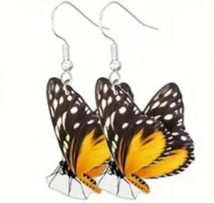 Acrylic Colourful Butterfly Orange Black Sideways Design Drop Dangle Earrings