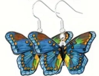 Acrylic Colourful Butterfly Orange Blue Mottled Colours Design Drop Dangle Earrings