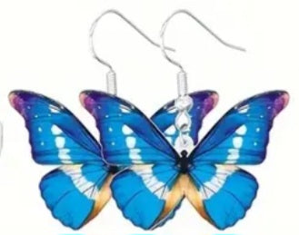 Acrylic Colourful Butterfly Blue White Design Drop Dangle Earrings