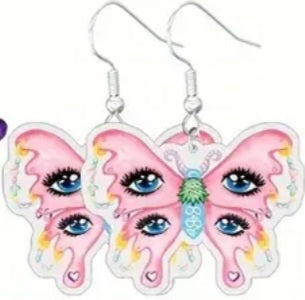 Acrylic Colourful Butterfly Pink Eyes Design Drop Dangle Earrings