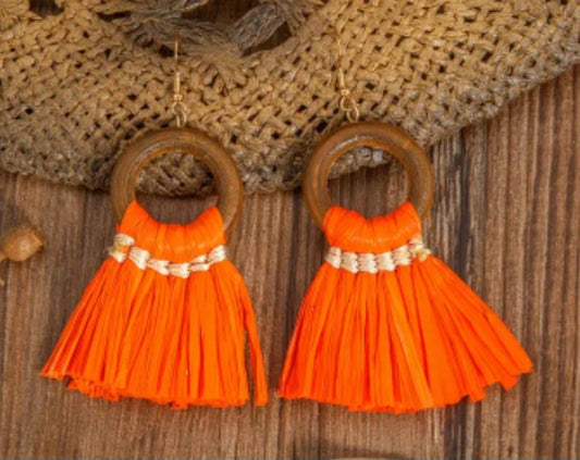 Boho Braided Tassle Fan Design Large Wood Ring Drop Dangle Earrings