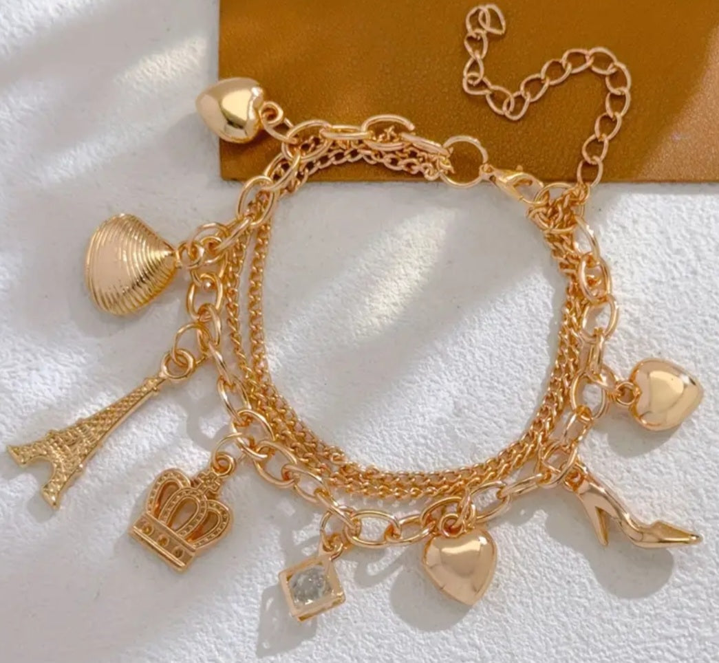 Elegant Effiel Tower Royal Crown Shell Heart Shoe Gold Plated Charm Bracelet