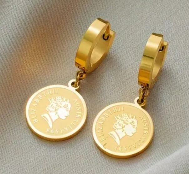 Australian Coin Queen Elizabeth II Gold Plated Stainless Steel Huggie Style Hoop Drop Dangle Earrings