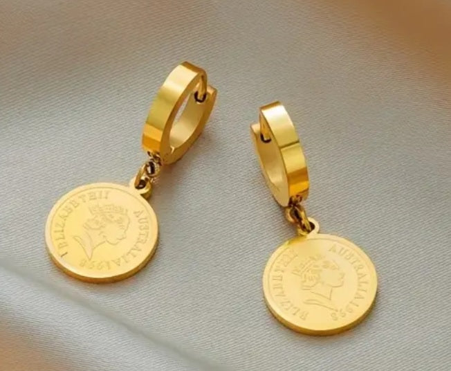 Australian Coin Queen Elizabeth II Gold Plated Stainless Steel Huggie Style Hoop Drop Dangle Earrings