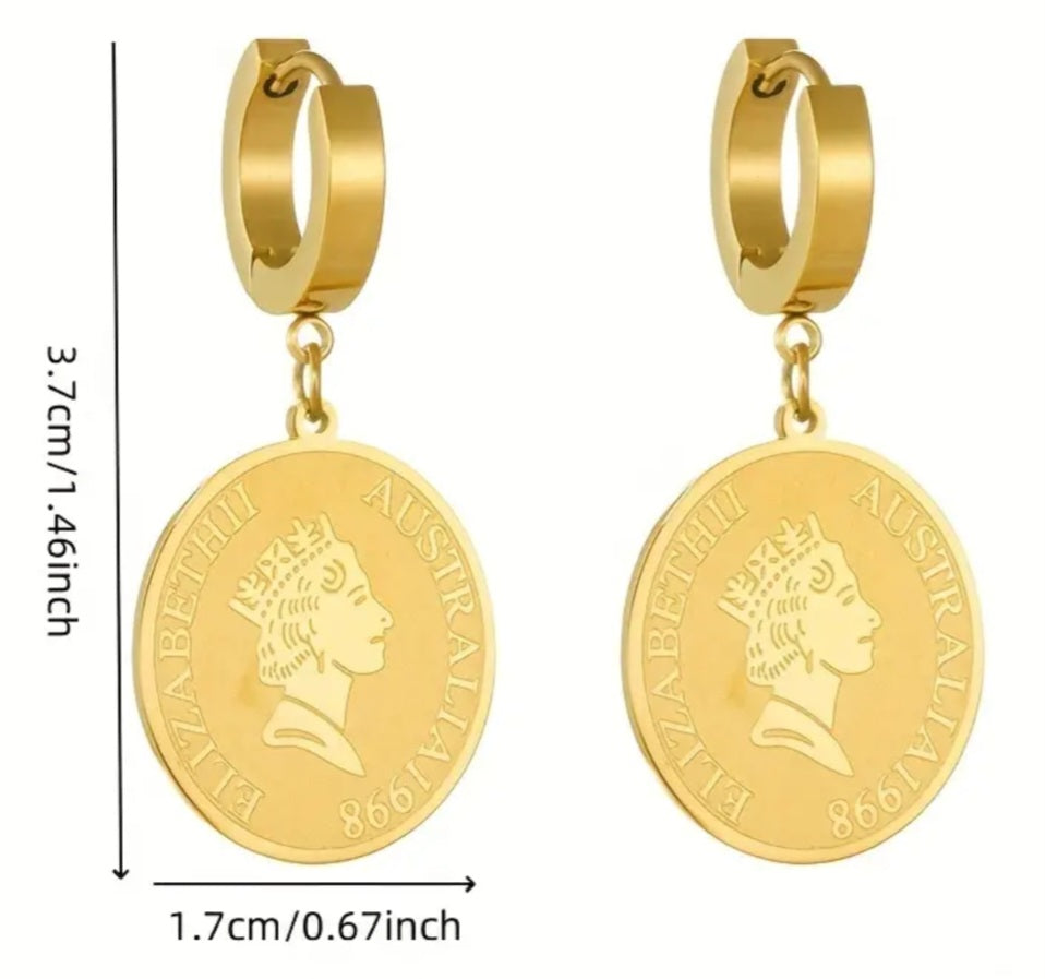 Australian Coin Queen Elizabeth II Gold Plated Stainless Steel Huggie Style Hoop Drop Dangle Earrings