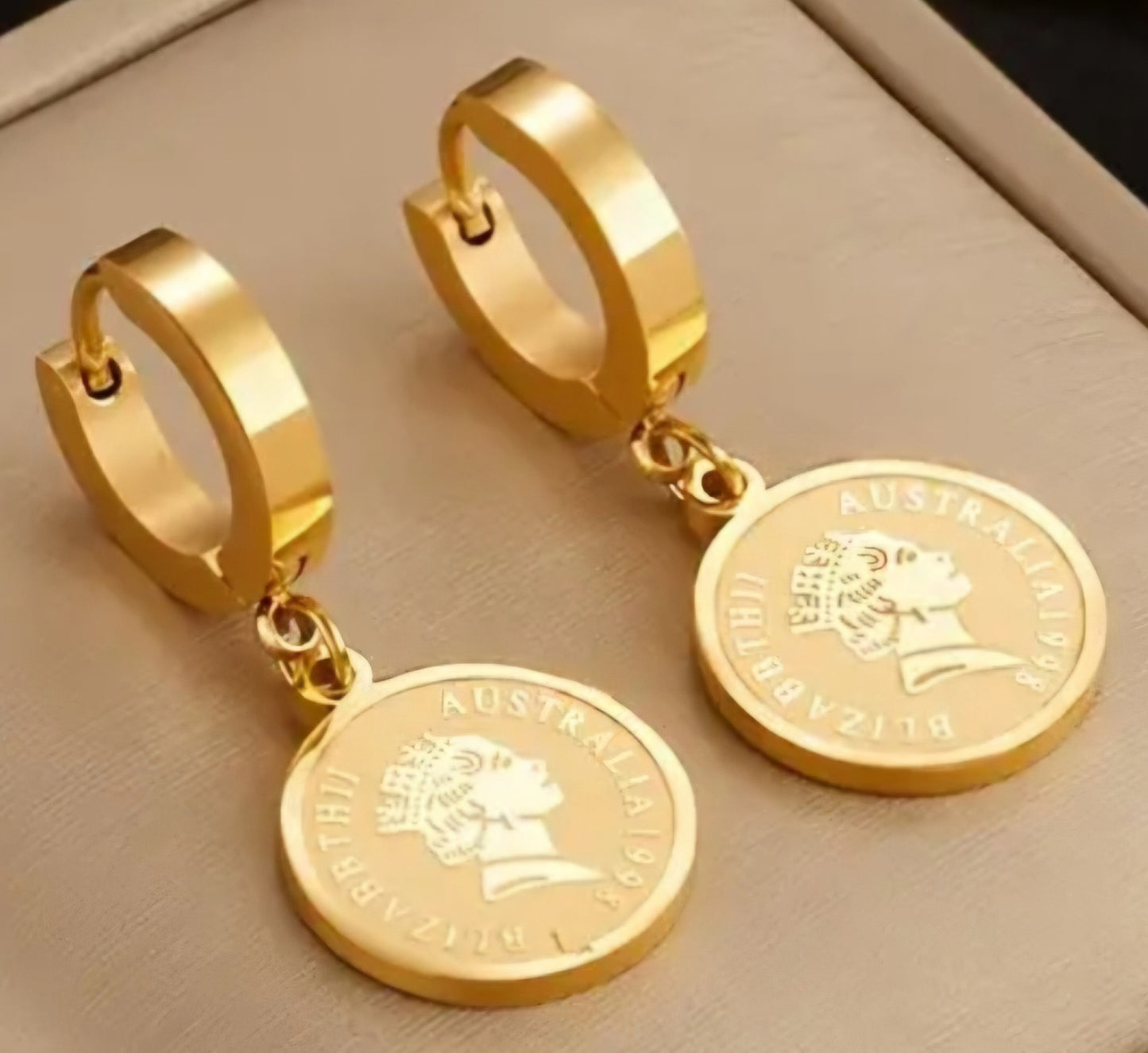 Australian Coin Queen Elizabeth II Gold Plated Stainless Steel Huggie Style Hoop Drop Dangle Earrings