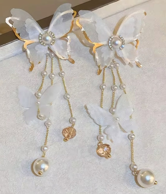 Butterfly Crystal Faux Pearl Delicate Lace Butterflies Gold Plated  Chain Tassles Extra Long Dangle Drop Earrings