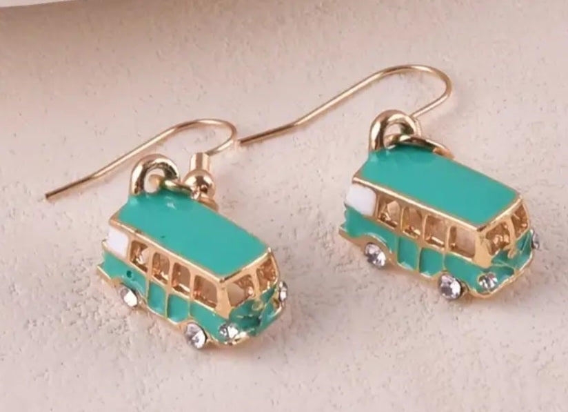 Combi Van Mini Bus Green Enamel Painted Rhinestone Accent Gold Plated Dangle Earrings