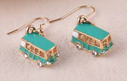 Combi Van Mini Bus Green Enamel Painted Rhinestone Accent Gold Plated Dangle Earrings